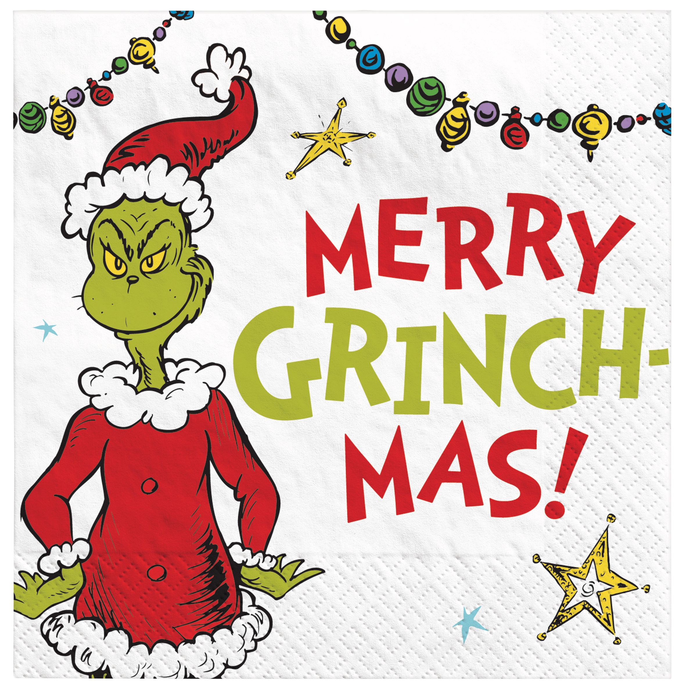 Dr. Seuss The Grinch "Merry Grinchmas" Square Paper Disposable Beverage Napkins, Red/Green, 5-in, 16-pk, 2-ply, for Christmas Overhead_Flat