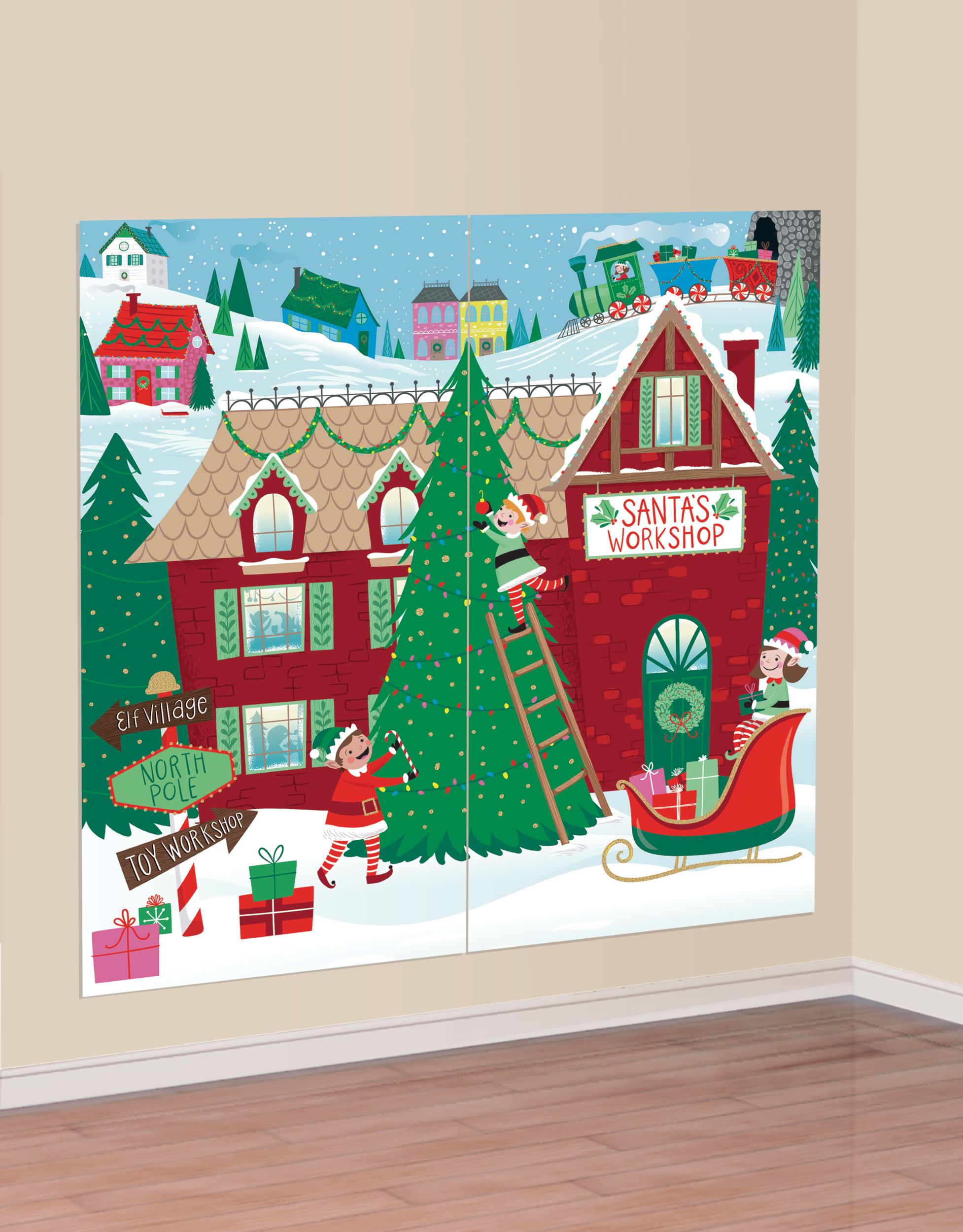 "Santa's Workshop" Plastic Scene Setter Background Decoration, Red/Green, 34-in, for Christmas Front_Angled_Right