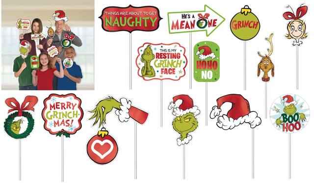 Dr. Seuss The Grinch "Merry Grinch-Mas" Photo Booth Sign Props, Red/Green, 13-pk, for Christmas Front_Flat
