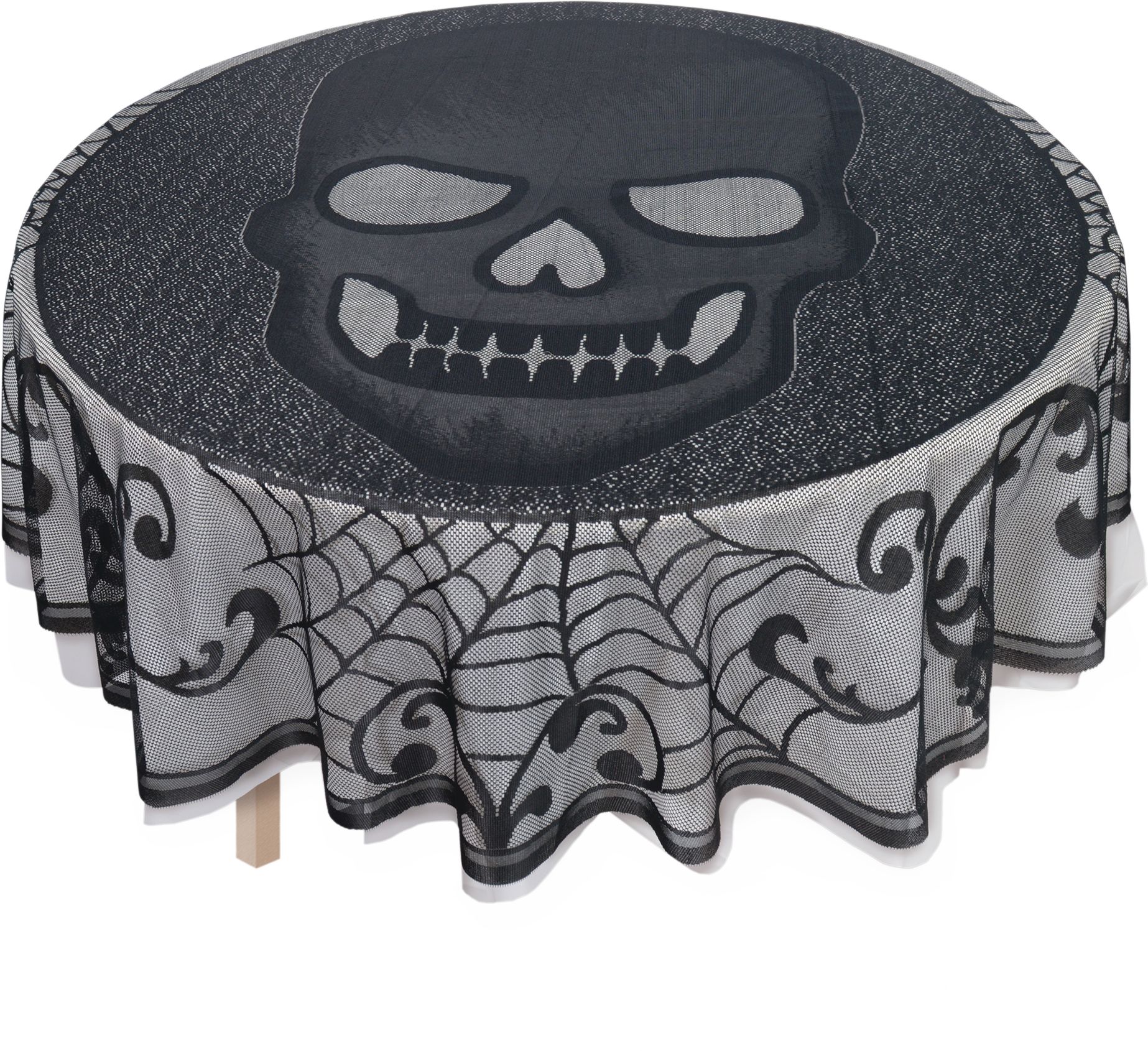 Nappe ronde réutilisable en dentelle en tissu en forme de crâne, noir, 3 x 7 po, décoration de table pour l'Halloween Overhead_Plunge