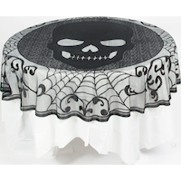 Skull Round Lace Fabric Reusable Table Cover, Black, 3-in x 7-in, for Halloween Front_Elevated
