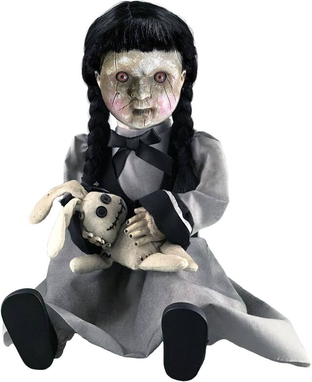 Tear Apart Tina Animated LED Light-Up Sitting Horror Doll with Batteries, Grey, 10-in, Sound & Light Activated Indoor/Outdoor Decoration for Halloween Front_Angled_Left