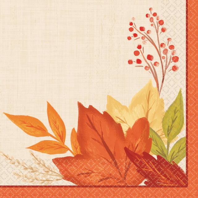 Square Paper Disposable Beverage Napkins, Orange, Fall Leaves, 5-in, 16-pk, 2-ply, for Fall Front_Flat