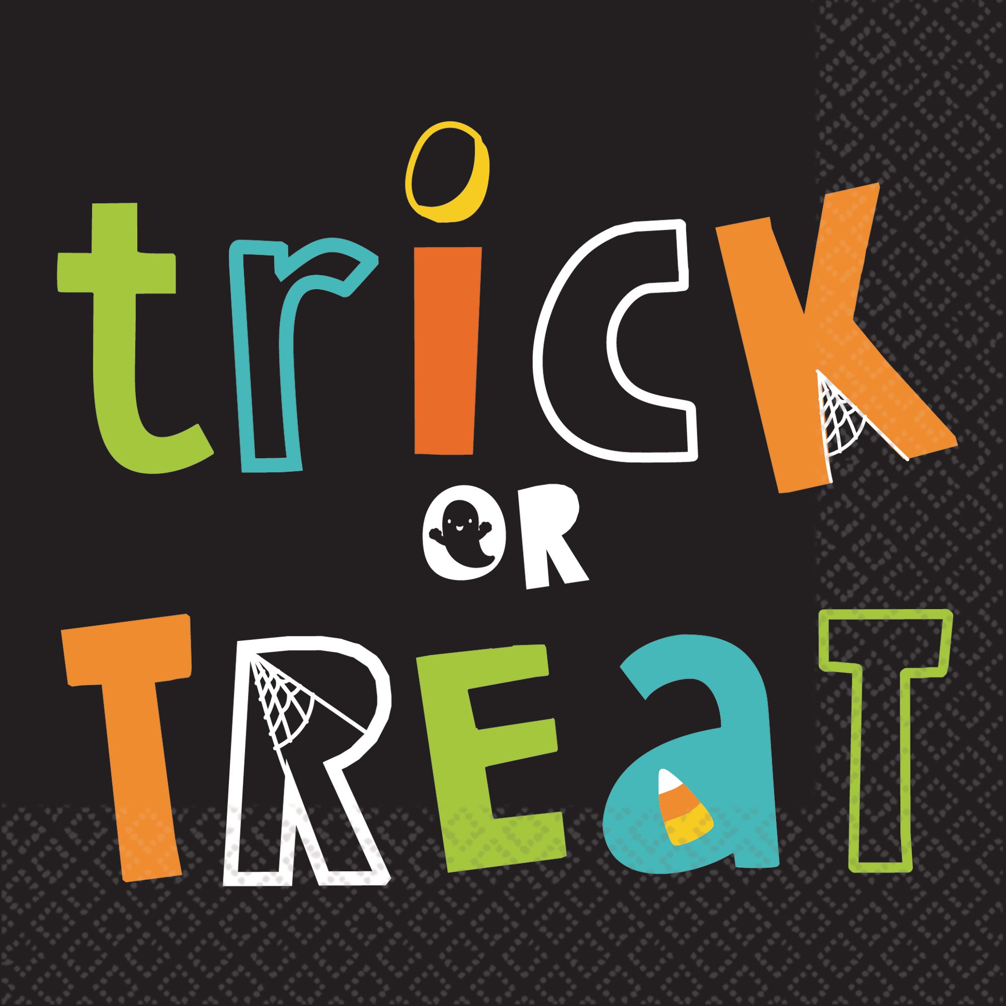Serviettes de table carrées jetables en papier Trick or Treat, noir multicolore, 6,5 po, paq. 16, 2 épaisseurs pour l’Halloween Front_Flat