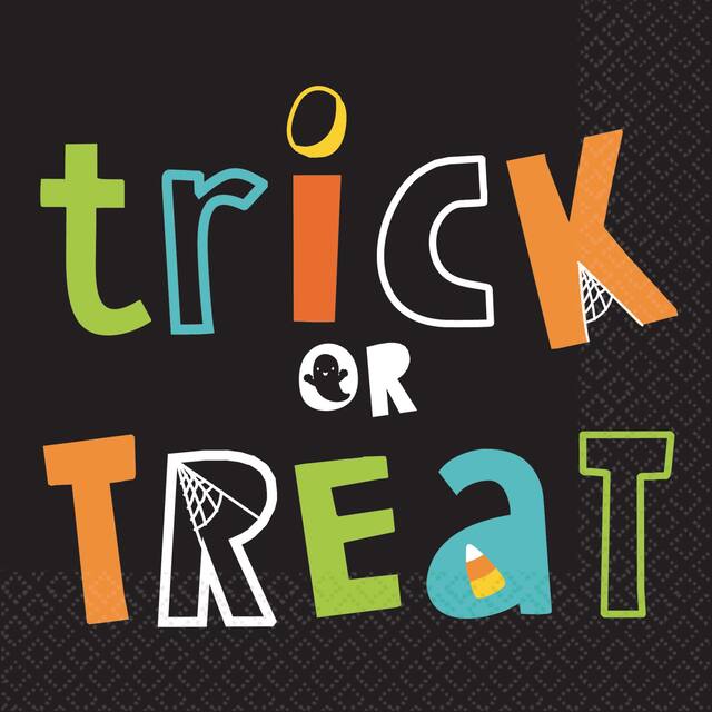 Serviettes de table en papier jetables Trick or Treat, noir, multicolore, 6-1/2 po, paq. 16, 2 épaisseurs, décoration de table pour l'Halloween Front_Flat