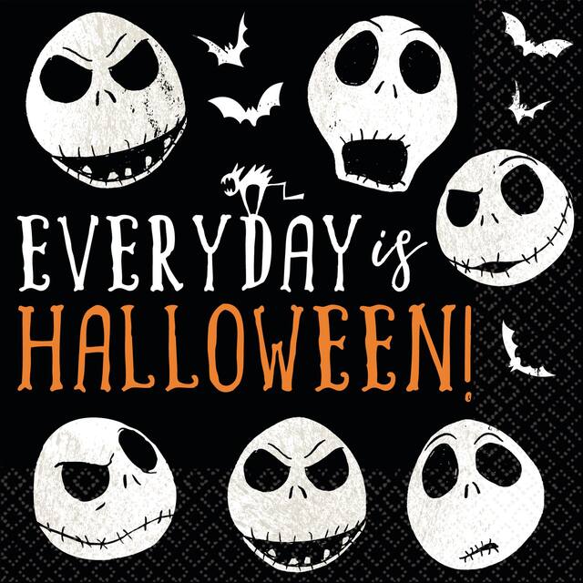 Disney The Nightmare Before Christmas "Everyday is Halloween!" Square Paper Disposable Lunch Napkins, Black/White, 6.5-in, 16-pk, 2-ply, for Halloween Front_Flat