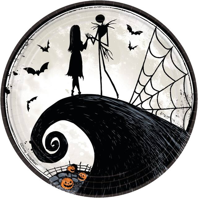 Disney The Nightmare Before Christmas Jack Skellington & Sally Round Paper Disposable Dinner Plates, Black/White, 9-in, 8-pk, for Halloween Front_Flat