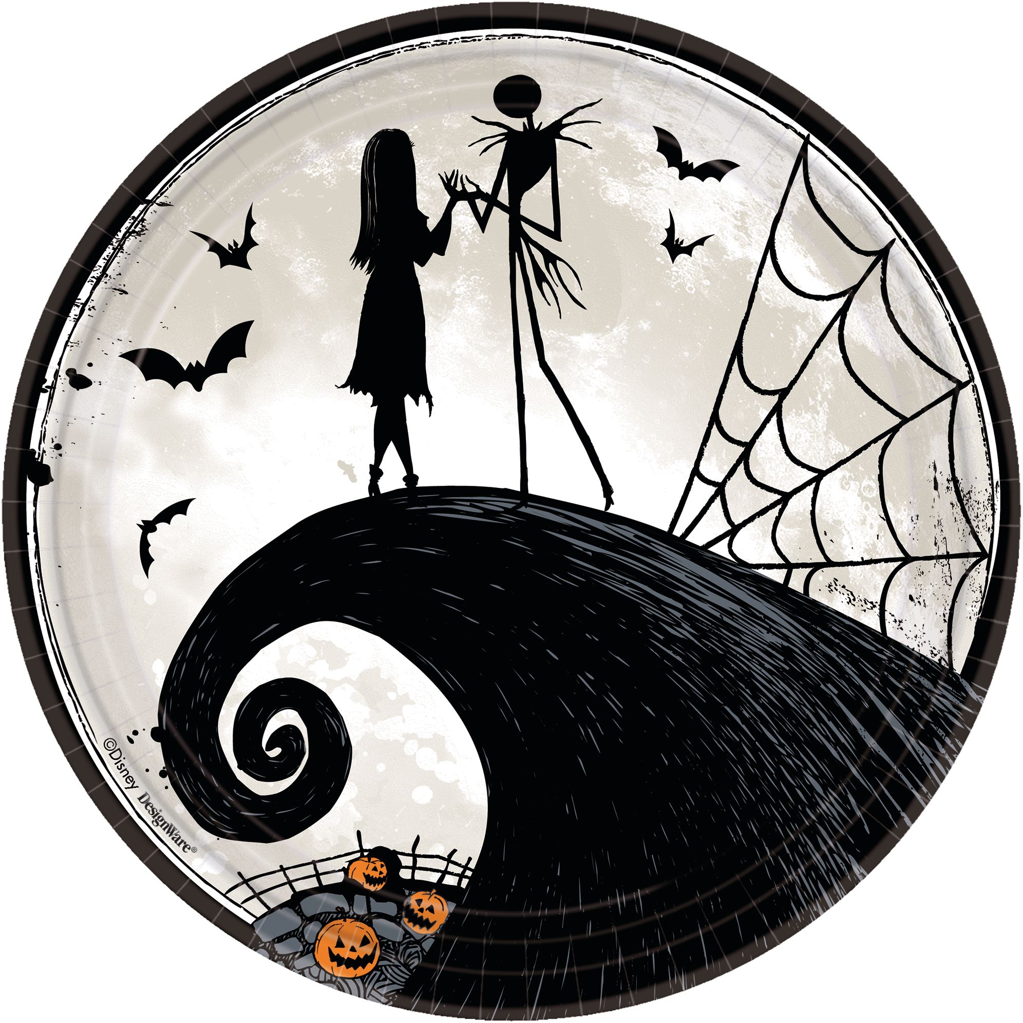 Disney The Nightmare Before Christmas Jack Skellington & Sally Round Paper Disposable Dinner Plates, Black/White, 9-in, 8-pk, for Halloween Front_Flat