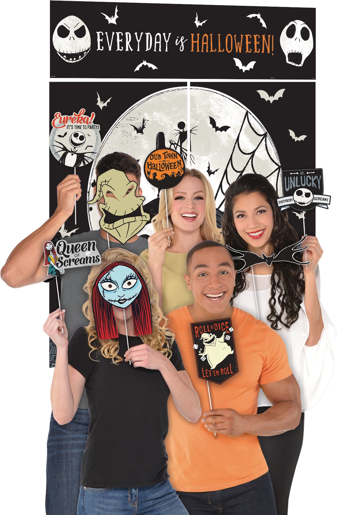 Disney The Nightmare Before Christmas "Everyday is Halloween" Jack Skellington & Sally Scene Setter Background with Photo Booth Props, Black/White, 65-in, 17-pk, Indoor Decoration for Halloween Composite_or_Mixed