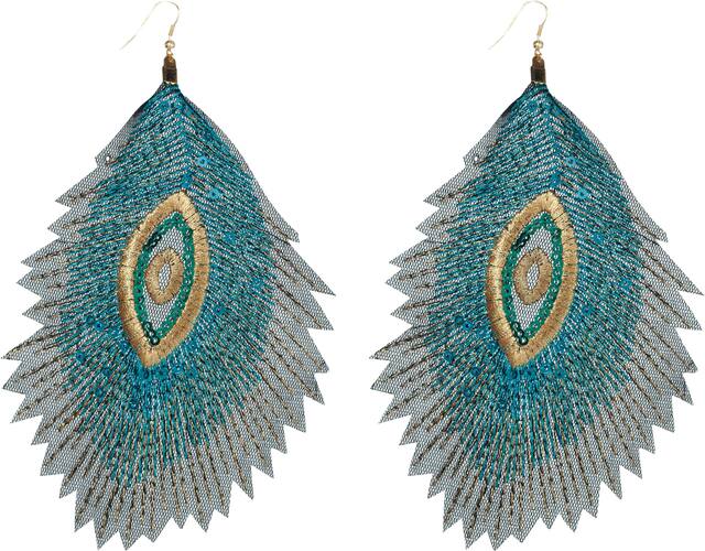 Embroidered Peacock Earrings Front_Angled_Left
