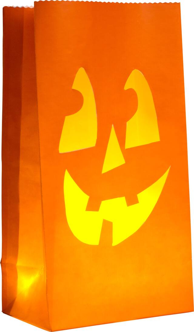 Jack-O'-Lantern LED Tea Light Luminaries Pumpkins with Paper Bags, Orange, 11-in, 6-pk, Flickering Effect Indoor/Outdoor Decoration for Halloween Front_Three_Fourths_Angled_Right