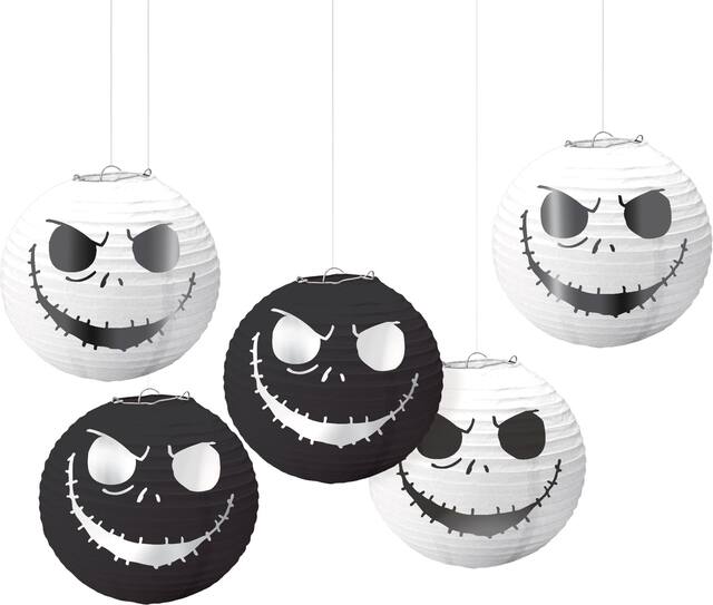 Lanternes en papier suspendues de Jack Skellington, Disney L'Étrange Noël de monsieur Jack, noir/blanc, 5 po, paq. 5, décorations d'intérieur pour l'Halloween Front_Flat
