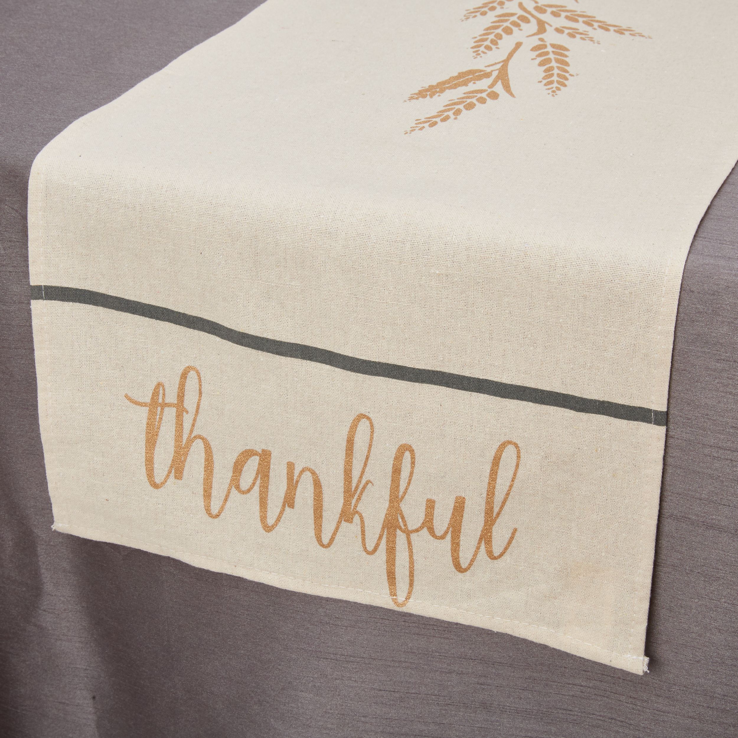 "Grateful Blesses Thankful" Fabric Reusable Table Runner Decoration, Beige, 13-in x 72-in, for Thanksgiving CloseUp