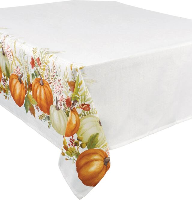 Rectangle Plastic Reusable Table Cover, White/Orange, Pumpkin & Leaves, 52-in x 90-in, for Fall Front_Angled_Left