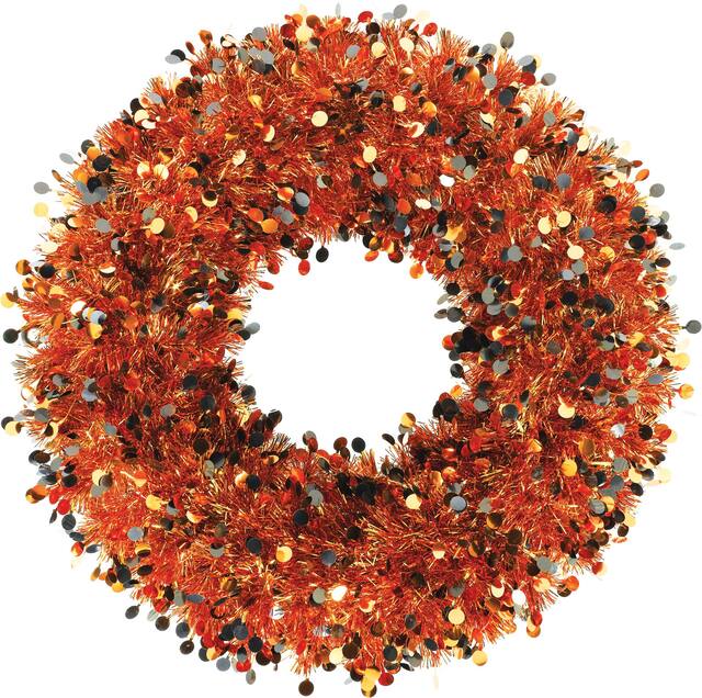 Tinsel Wreath, Black/Orange, 17-in, Indoor/Outdoor Decoration for Halloween Front_Flat