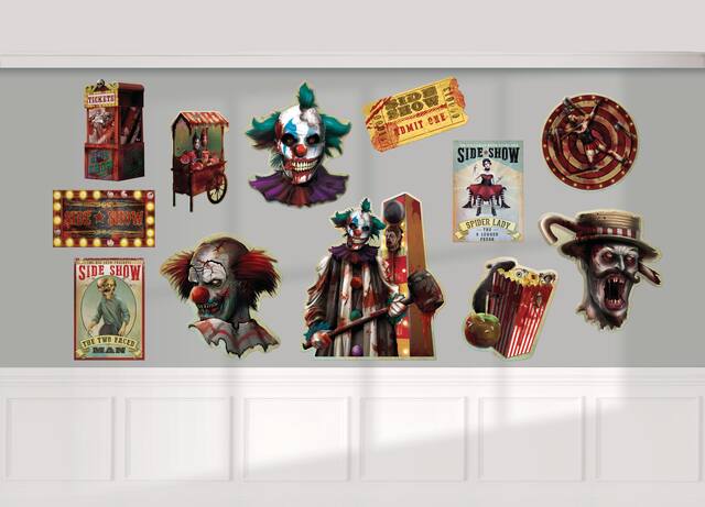 Creepy Carnival "Side Show" Clown Evil Cutout, Multi-Coloured, 7-in, 12-pk, Indoor Decoration for Halloween Front_Flat