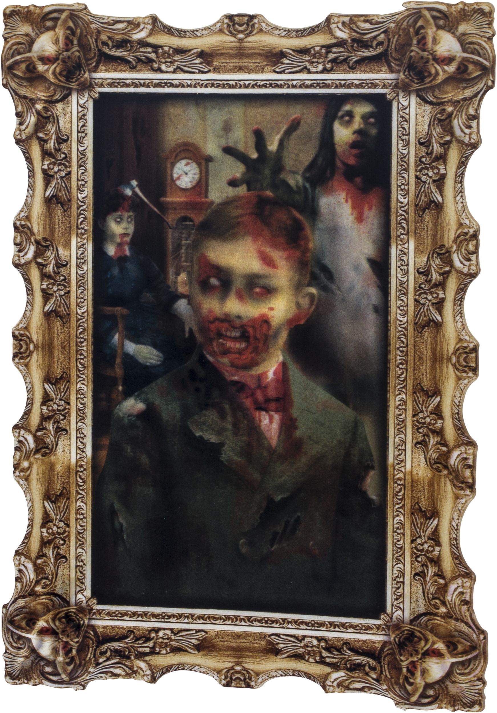 Zombie Boy  Lenticular Portrait Haunted House Wall Moving Illusion, Multi-Coloured, 16.5-in, Indoor/Outdoor Decoration for Halloween Front_Angled_Left
