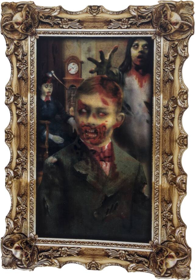 Zombie Boy  Lenticular Portrait Haunted House Wall Moving Illusion, Multi-Coloured, 16.5-in, Indoor/Outdoor Decoration for Halloween Front_Angled_Left