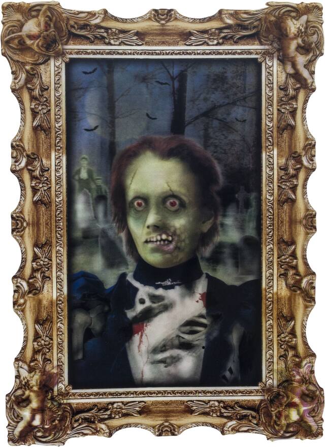 Zombie Girl Lenticular Portrait Haunted House Wall Moving Illusion, Multi-Coloured, 16.5-in, Indoor/Outdoor Decoration for Halloween Front_Flat