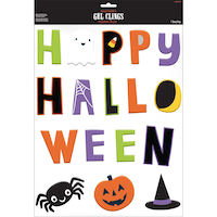 "Happy Halloween" Spider & Jack-O'-Lantern Assorted Wall Gel Cling Decals, Multi-Coloured, 17-pk, Indoor Decoration for Halloween Front_Flat