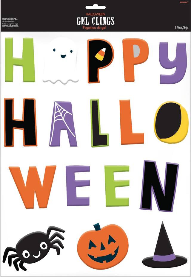 "Happy Halloween" Spider & Jack-O'-Lantern Assorted Wall Gel Cling Decals, Multi-Coloured, 17-pk, Indoor Decoration for Halloween Front_Flat
