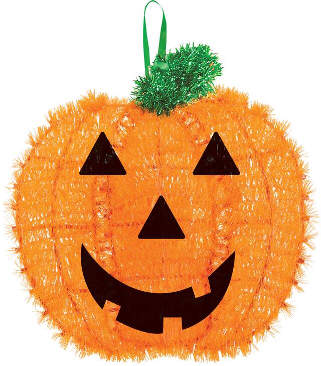 Jack-O'-Lantern Hanging Pumpkin Tinsel Prop, Orange, 12-in, Indoor Decoration for Halloween Front_Flat