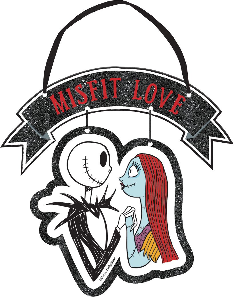 Disney The Nightmare Before Christmas "Misfit Love" Jack Skellington & Sally Hanging Mini Glitter Sign, Multi-Coloured, 6-in, Indoor/Outdoor Decoration for Halloween Front_Flat