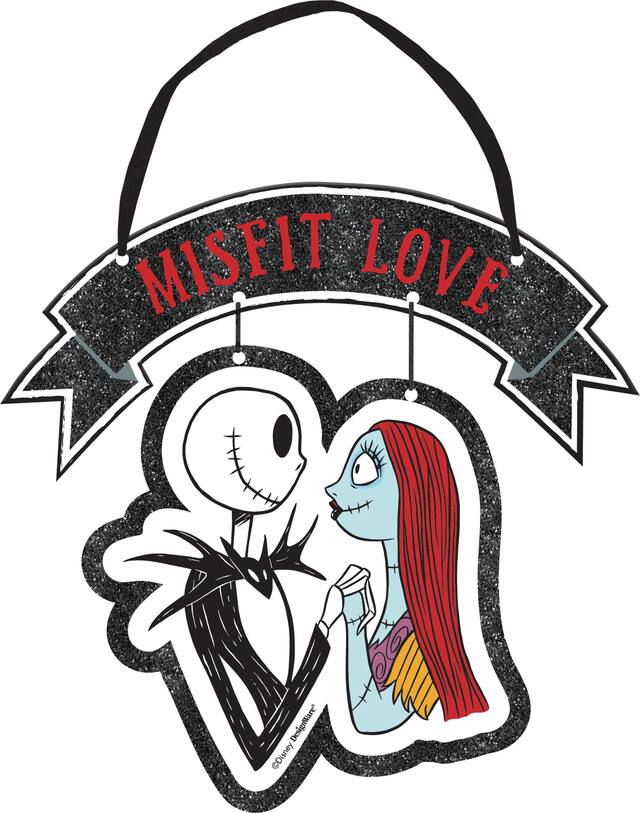 Disney The Nightmare Before Christmas "Misfit Love" Jack Skellington & Sally Hanging Mini Glitter Sign, Multi-Coloured, 6-in, Indoor/Outdoor Decoration for Halloween Front_Flat