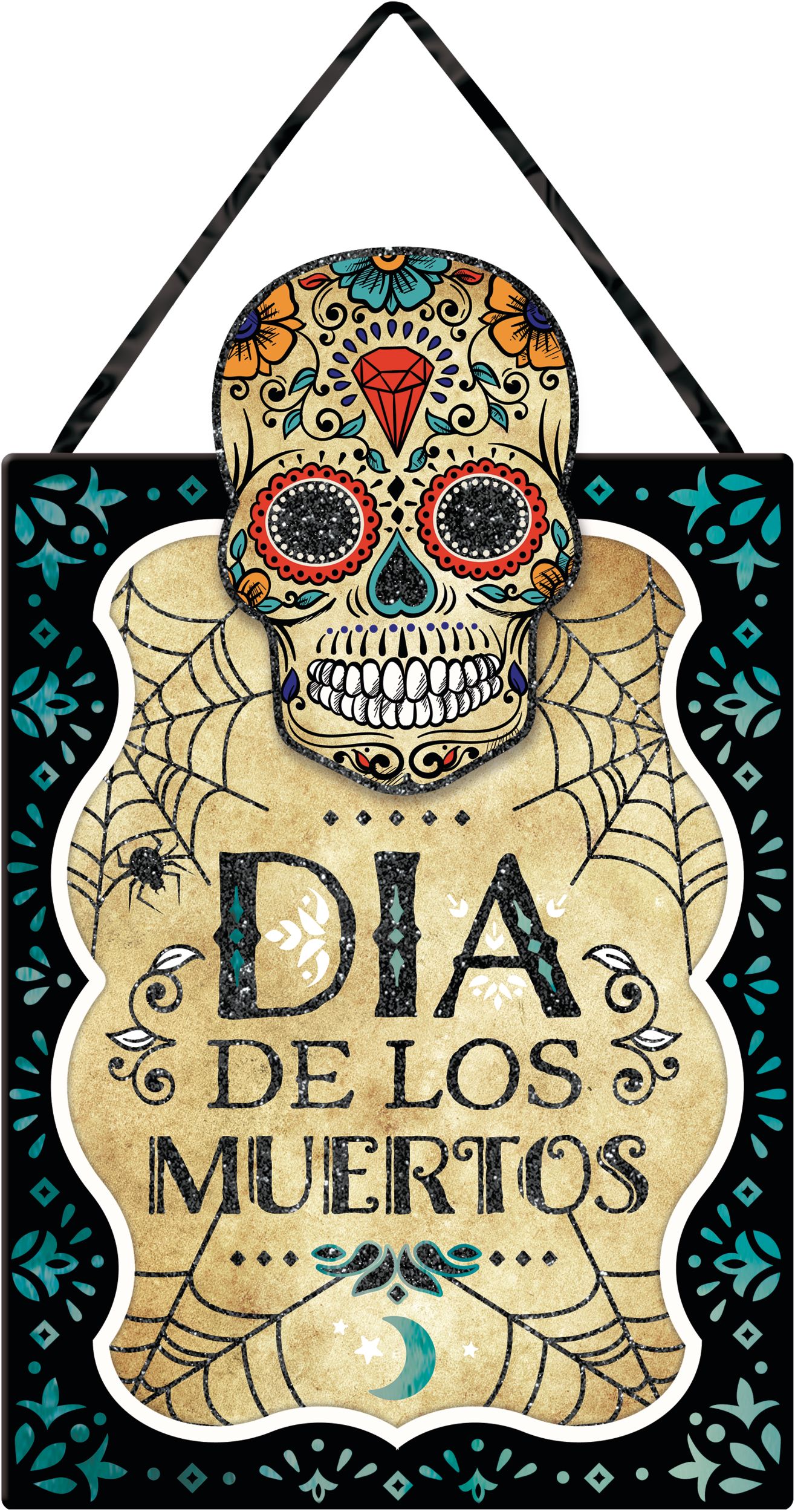 "Dia De Los Muertos" Skull Hanging Sign, Multi-Coloured, 16 3-4-in, Indoor/Outdoor Decoration for Day of the Dead Front_Flat