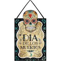 "Dia De Los Muertos" Skull Hanging Sign, Multi-Coloured, 16 3-4-in, Indoor/Outdoor Decoration for Day of the Dead Front_Flat