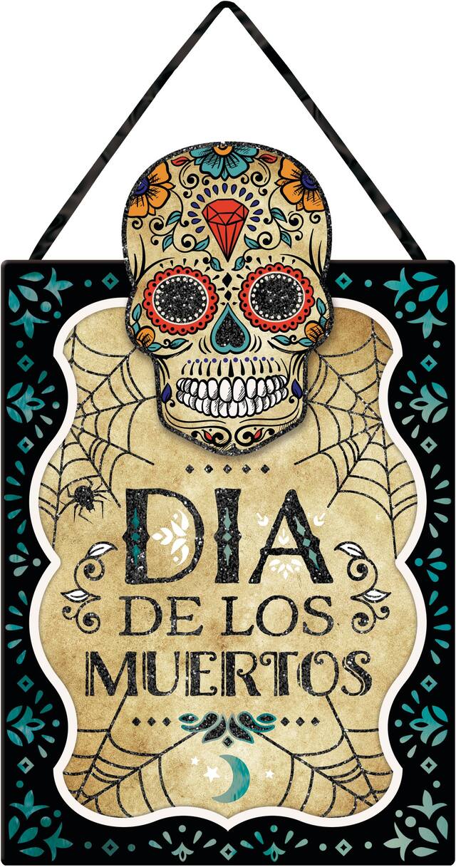 "Dia De Los Muertos" Skull Hanging Sign, Multi-Coloured, 16 3-4-in, Indoor/Outdoor Decoration for Day of the Dead Front_Flat