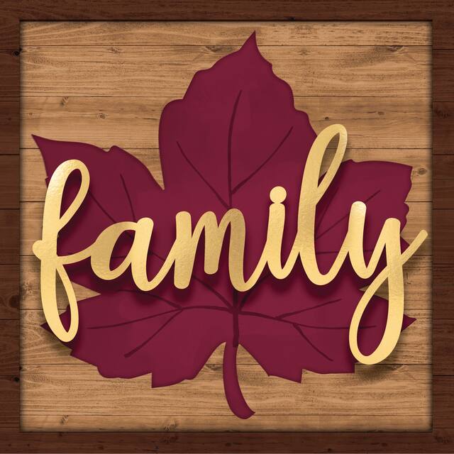 "Family" Maple Leaf Block Sign, Red/Wood, 12-in, Indoor/Outdoor Decoration for Fall Front_Flat
