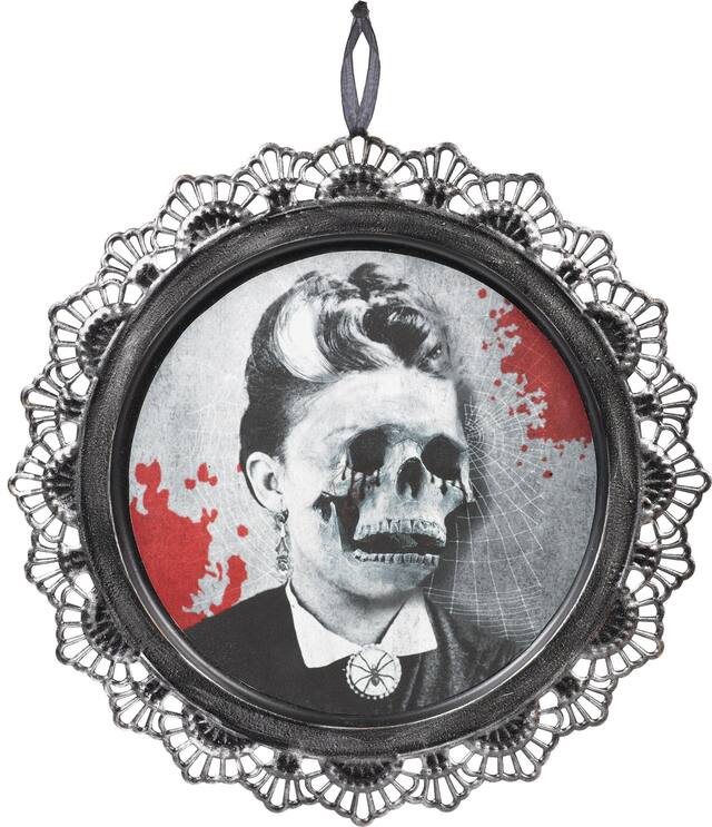 Victorian Style Skeleton Hanging Portrait Sign, Black/White, 12-in, Indoor/Outdoor Decoration for Halloween Front_Flat