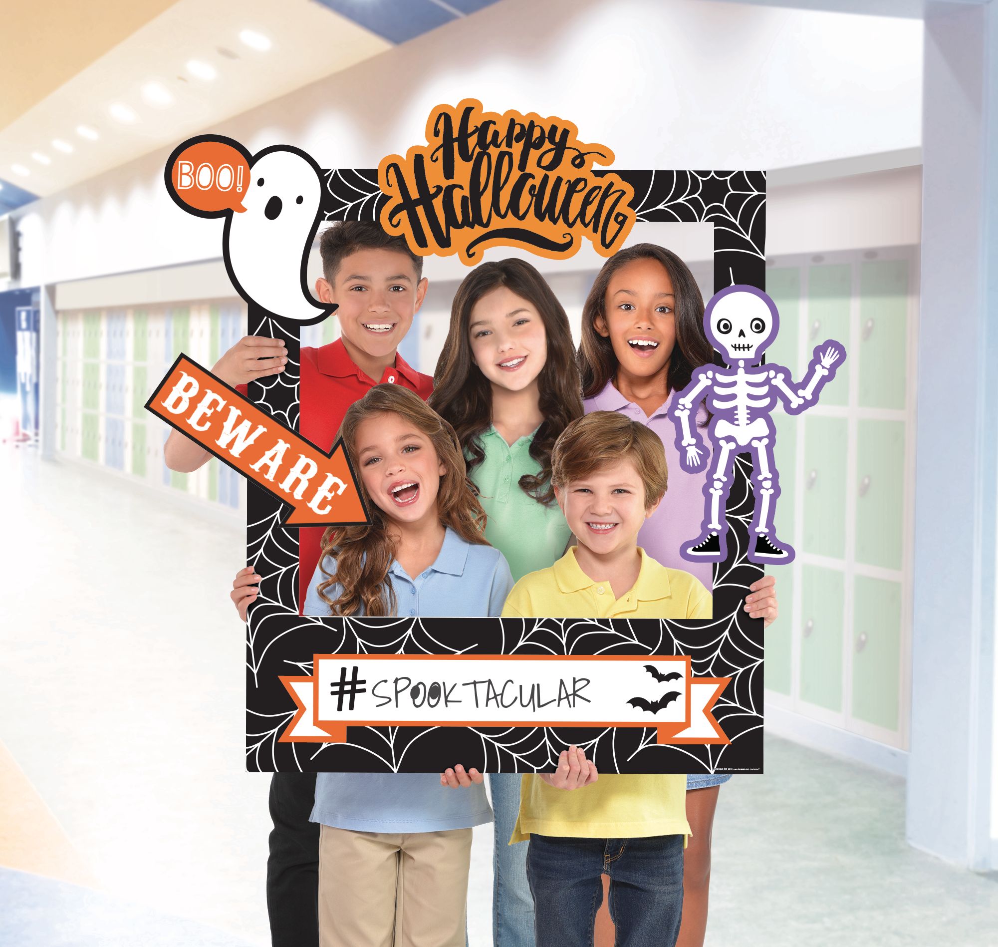 "Happy Halloween" Skeleton & Ghost Customizable DY Photo Frame Prop Kit, Multi-Coloured, 35-in, 15-pk, for Halloween Front_Flat