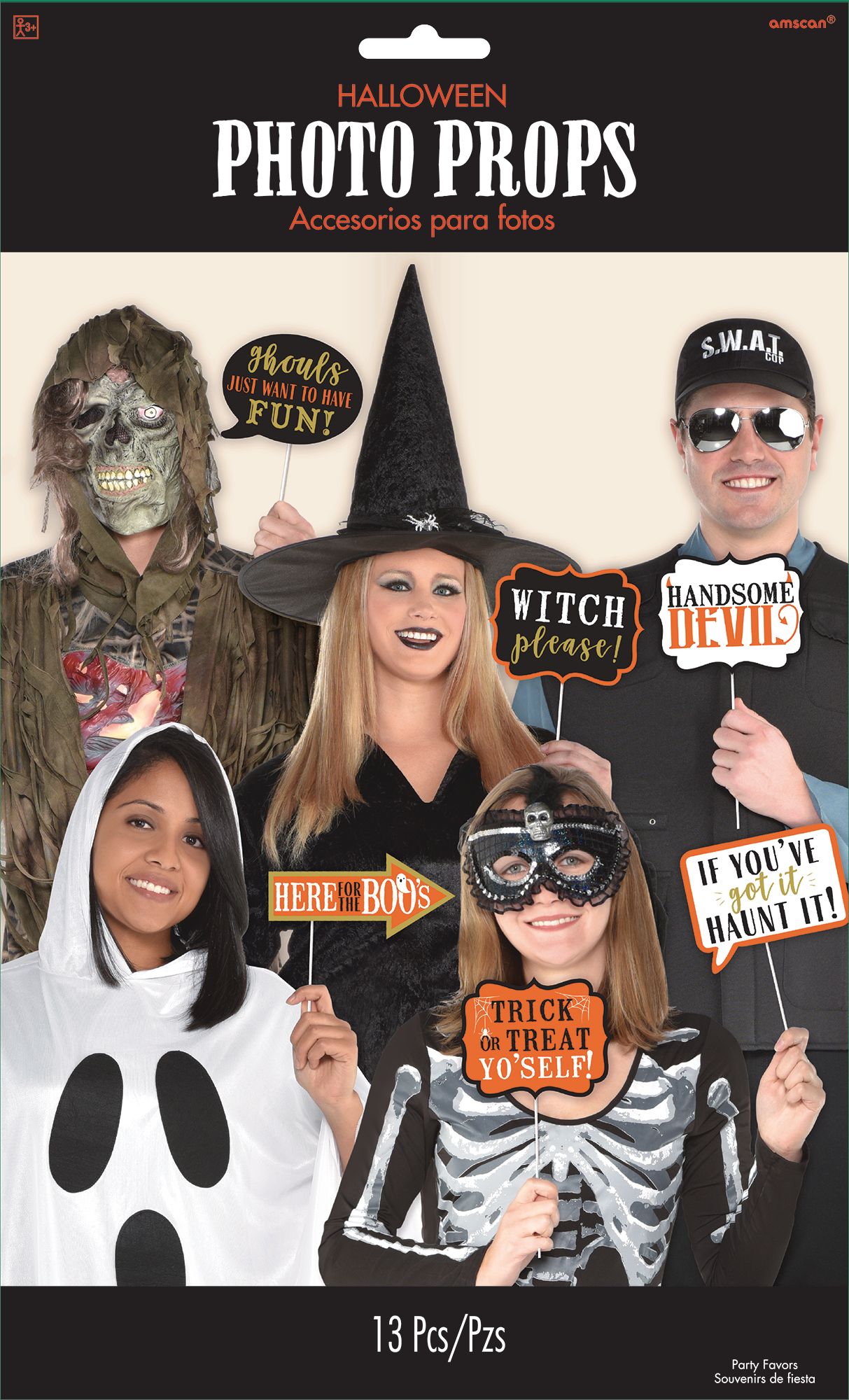 "Here for the Boo's" Wicked Photo Booth Props, Black/Orange, 5.5-in, 13-pk, for Halloween Front_Flat