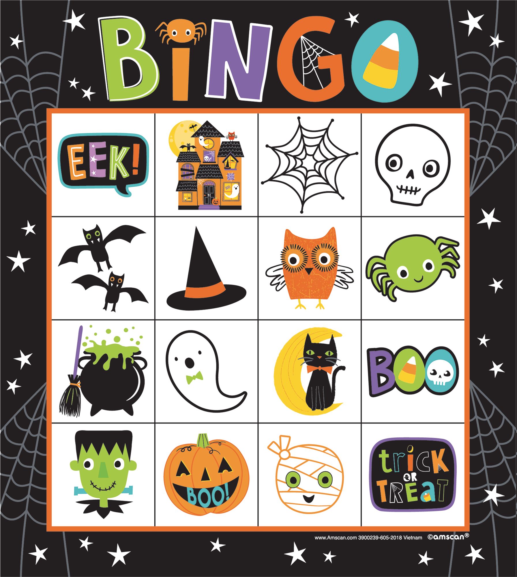 Cat/Skeleton/Ghost Bingo Game, Multi-Coloured, 7-in, 16-pk, for Halloween Front_Flat