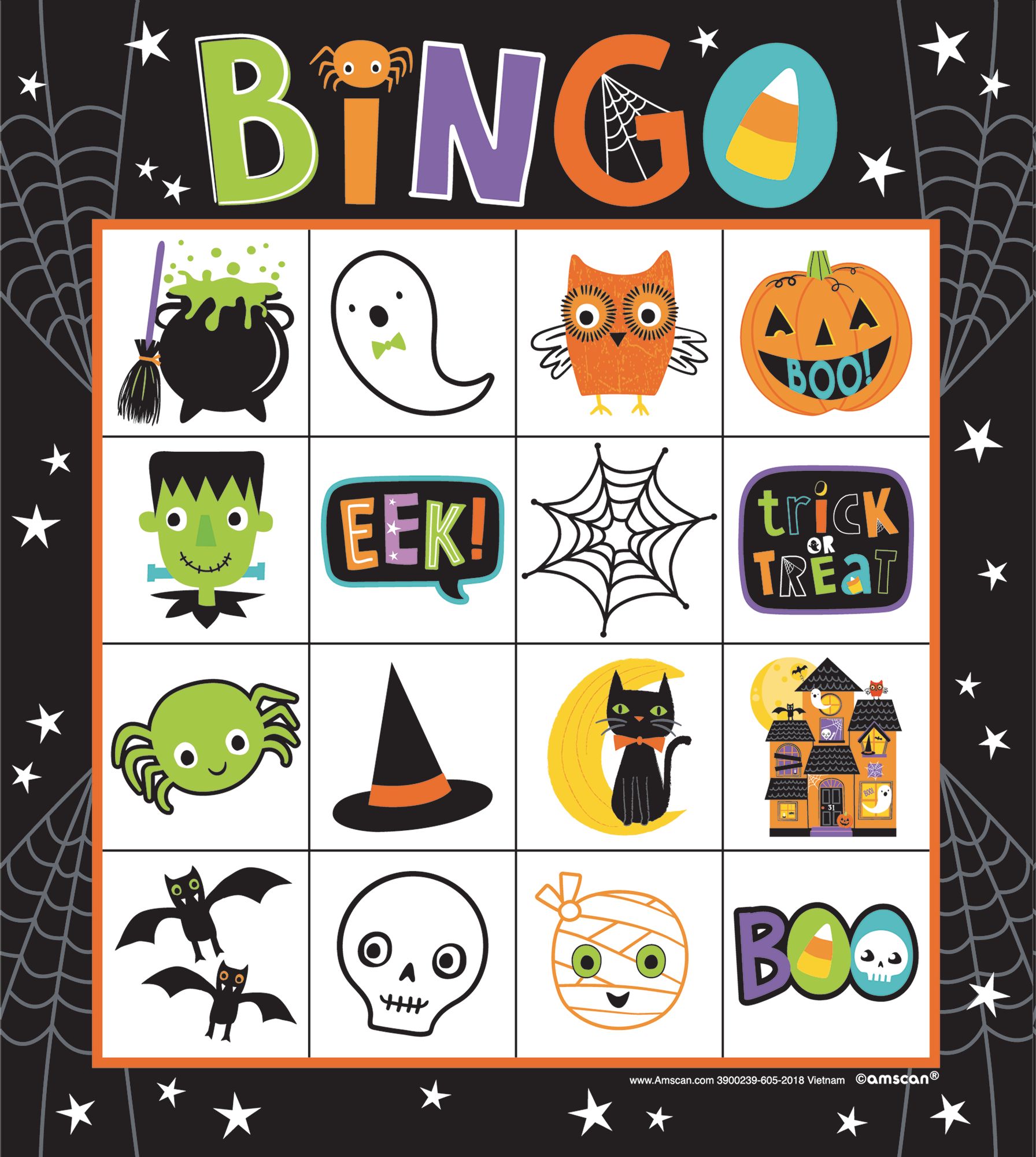 Cat/Skeleton/Ghost Bingo Game, Multi-Coloured, 7-in, 16-pk, for Halloween Front_Flat