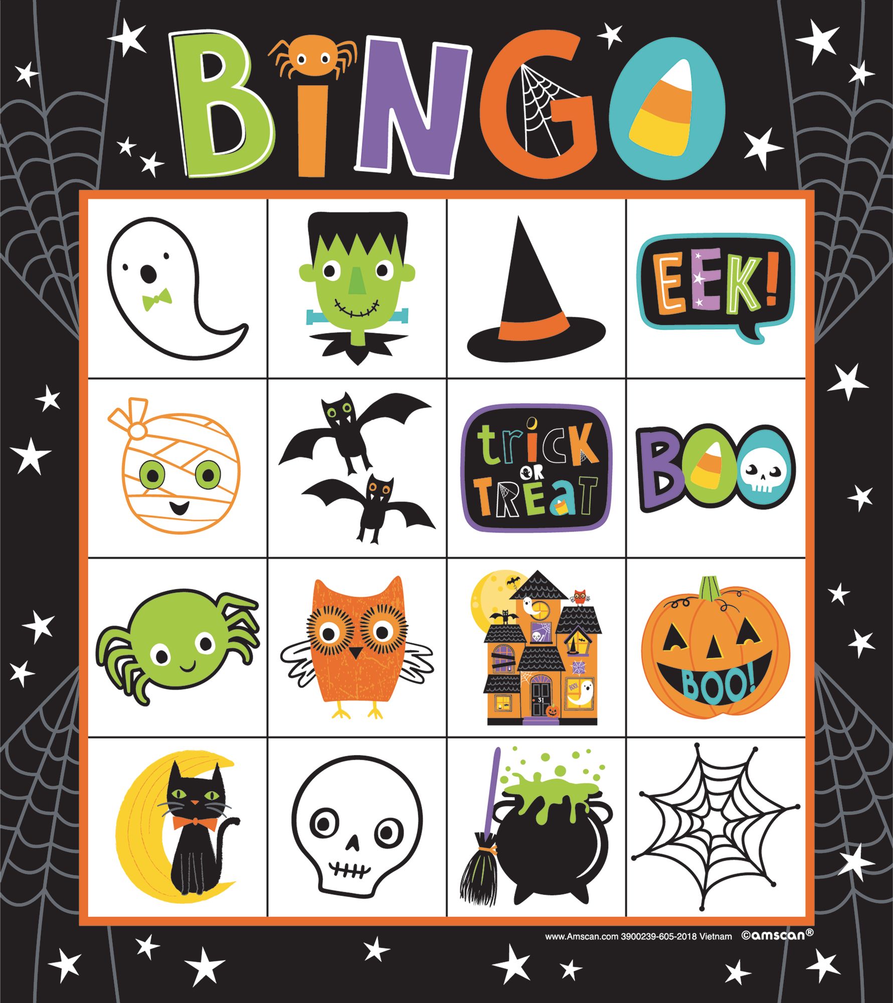 Cat/Skeleton/Ghost Bingo Game, Multi-Coloured, 7-in, 16-pk, for Halloween Front_Flat