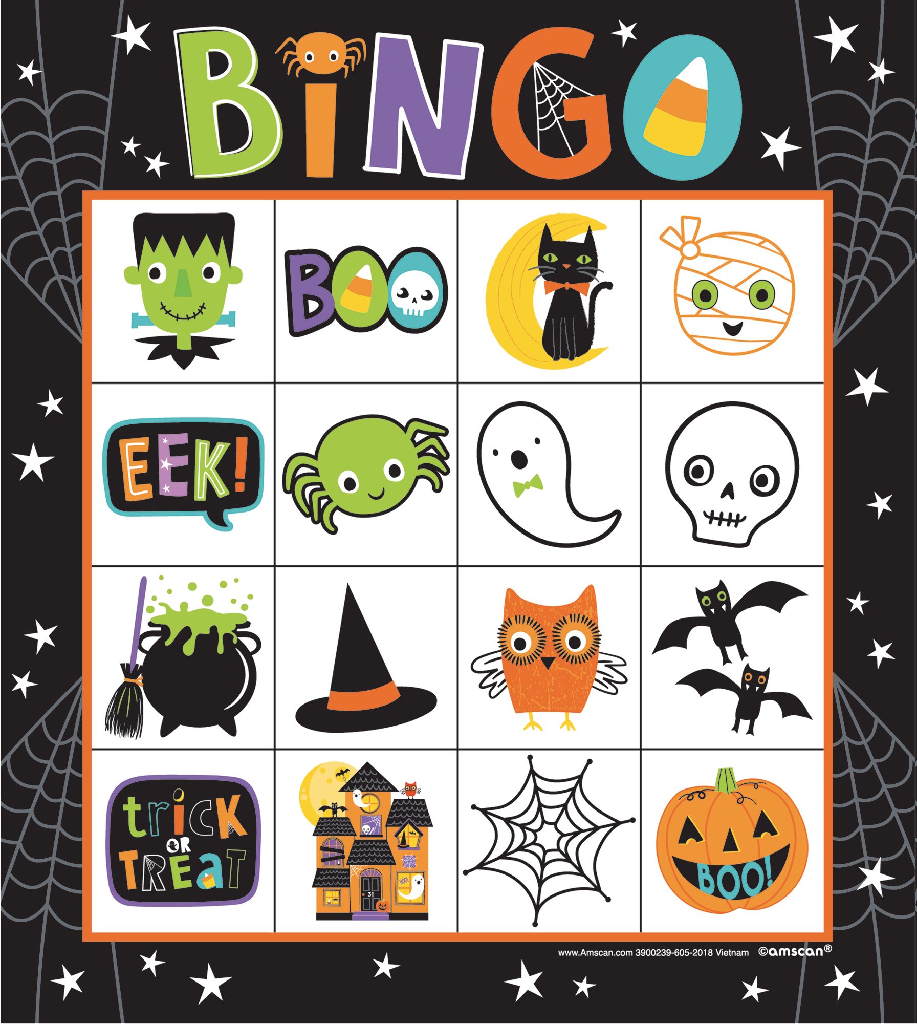 Cat/Skeleton/Ghost Bingo Game, Multi-Coloured, 7-in, 16-pk, for Halloween Front_Flat