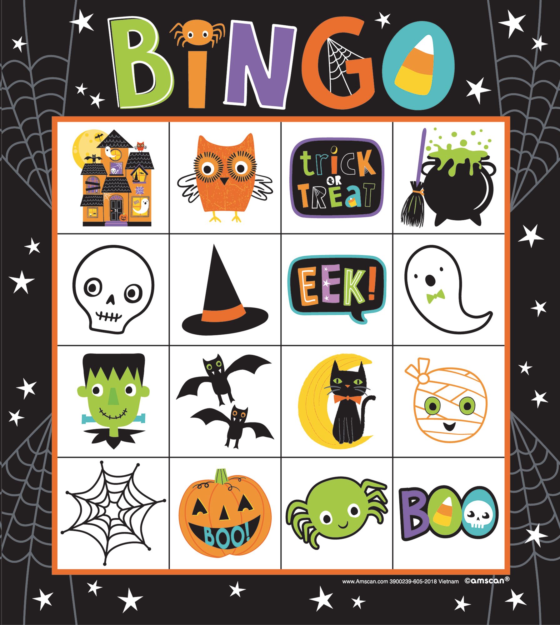 Cat/Skeleton/Ghost Bingo Game, Multi-Coloured, 7-in, 16-pk, for Halloween Front_Flat