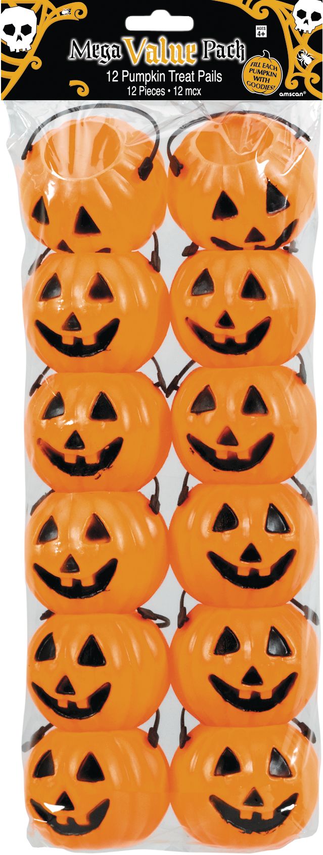 Jack-O'-Lantern Pumpkin Treat Pail Buckets, Black/Orange, 2.5-in, 12-pk, for Trick or Treating Front_Flat