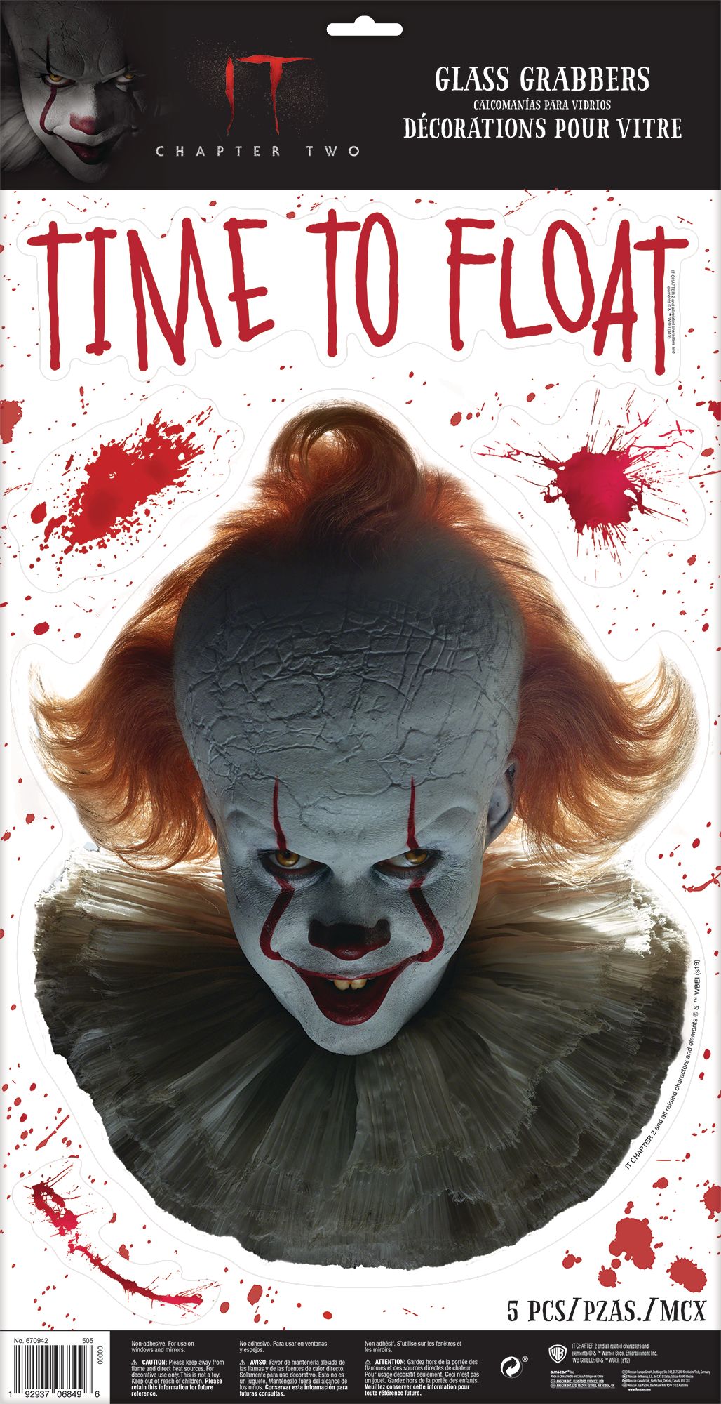 IT "Time to Float" Pennywise Assorted Wall Cling Decals, Red/White, 5-pk, Indoor Decoration for Halloween Front_Flat