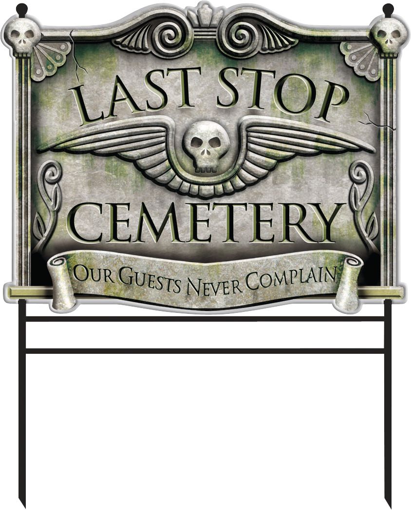 Crâne sur piquet de jardin Last Stop Cemetery, gris/noir, 25 po, décoration extérieure pour l'Halloween Front_Flat