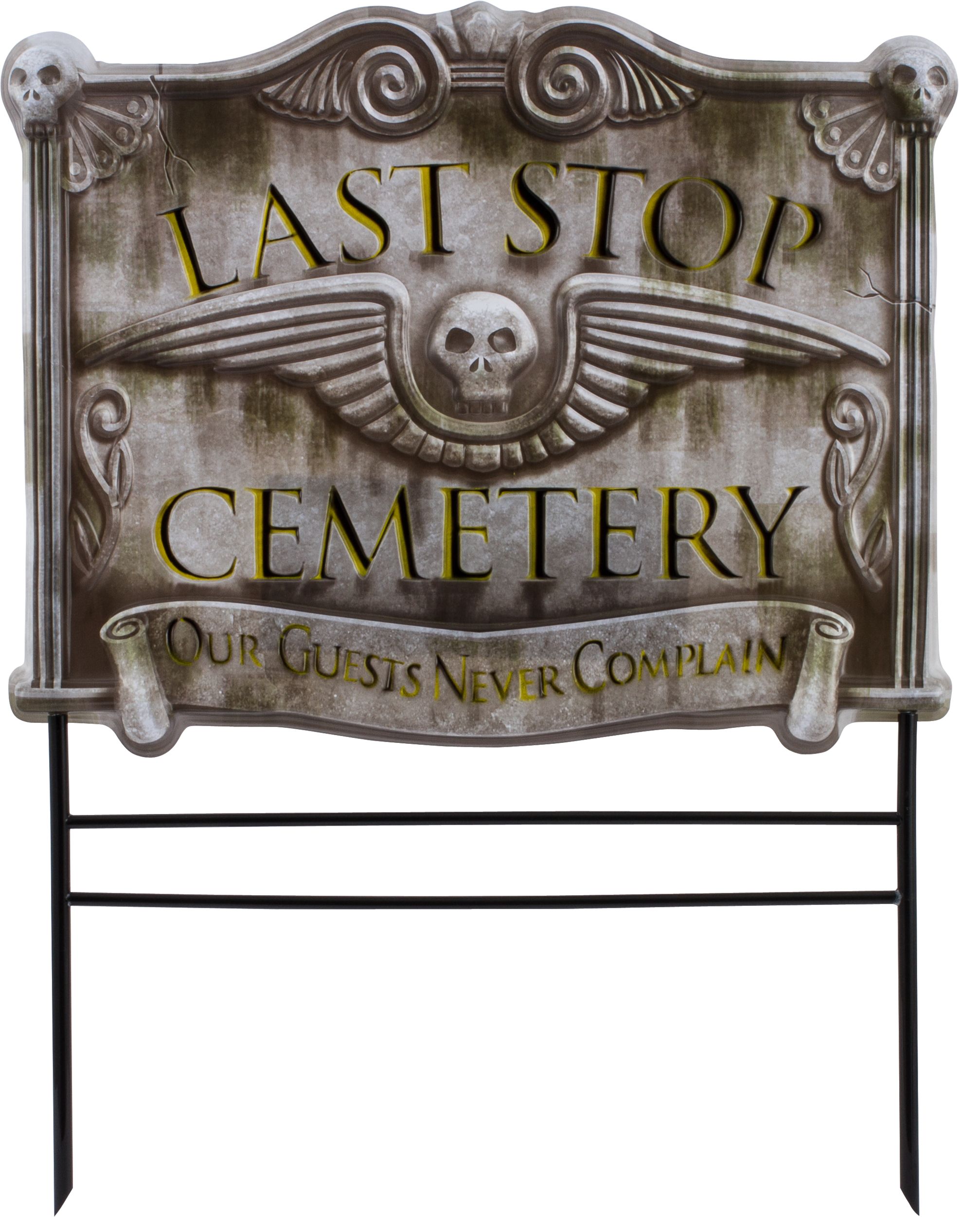 Crâne sur piquet de jardin Last Stop Cemetery, gris/noir, 25 po, décoration extérieure pour l'Halloween Front_Flat