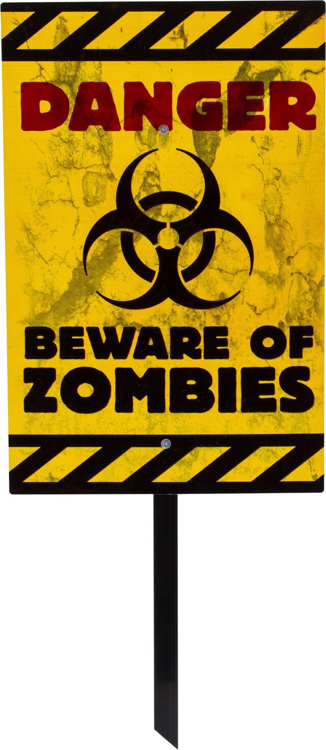 "Danger Beware of Zombies" Yard Stake, Yellow/Black, 23-in, Outdoor Decoration for Halloween Front_Flat