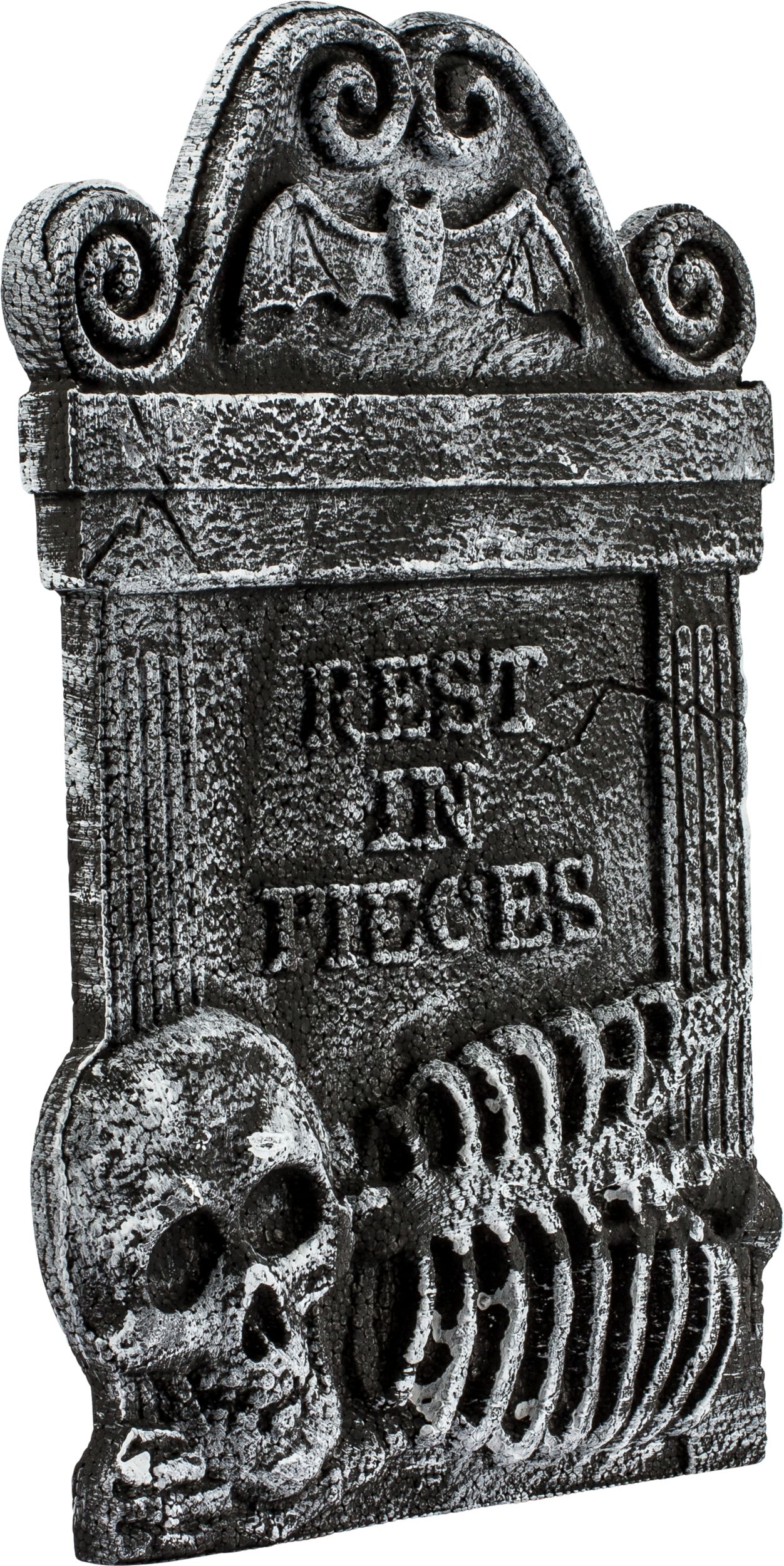 "Rest in Pieces" Skull Skeleton Graveyard Tombstone with Stakes, Grey, 22-in, Outdoor Decoration for Halloween Front_Angled_Right