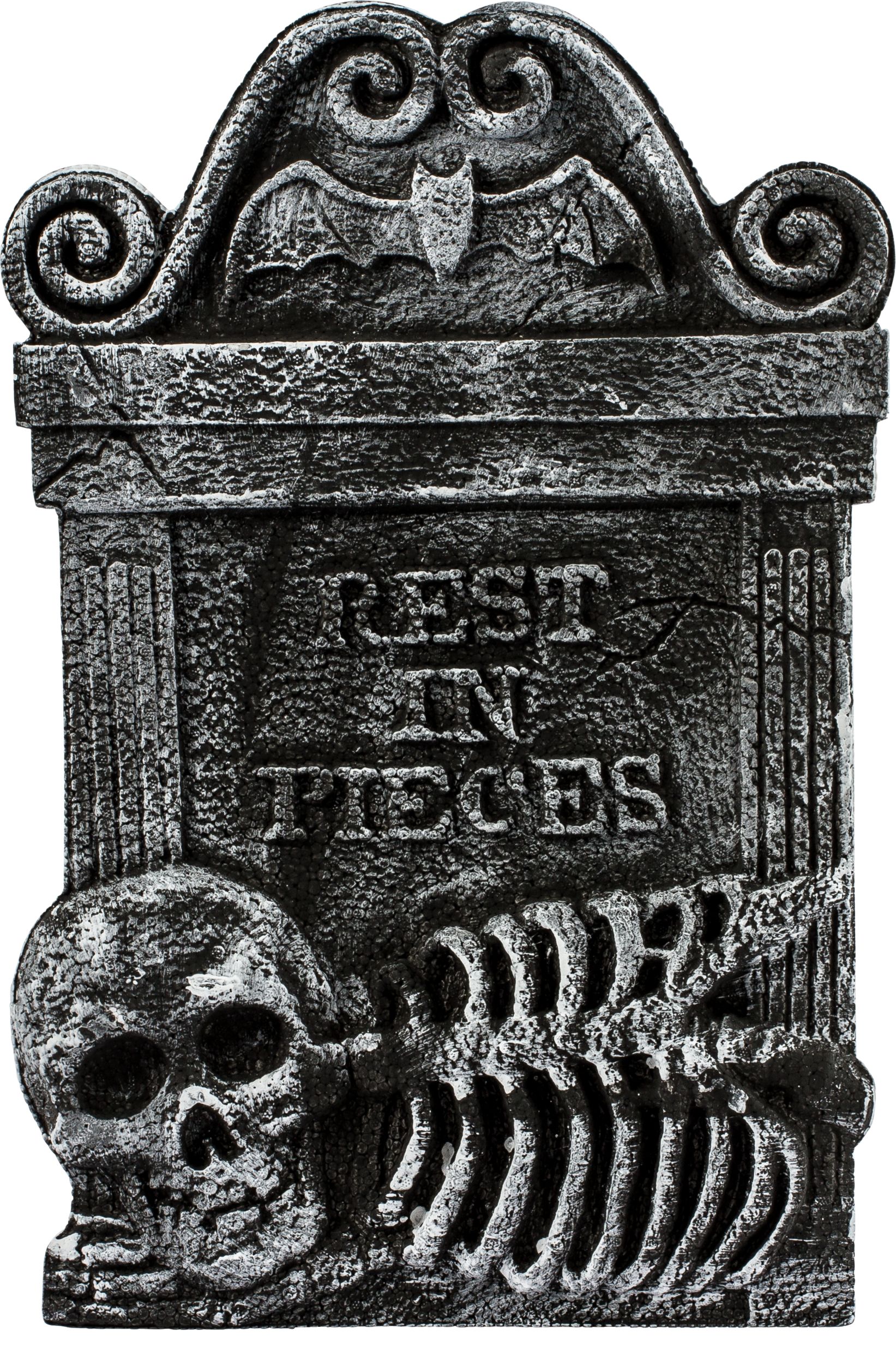 "Rest in Pieces" Skull Skeleton Graveyard Tombstone with Stakes, Grey, 22-in, Outdoor Decoration for Halloween Front_Flat