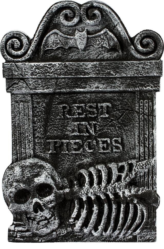 Pierre tombale Rest in Pieces sur piquets, squelette de crâne, gris, 22 po, décoration extérieure pour l'Halloween Front_Flat