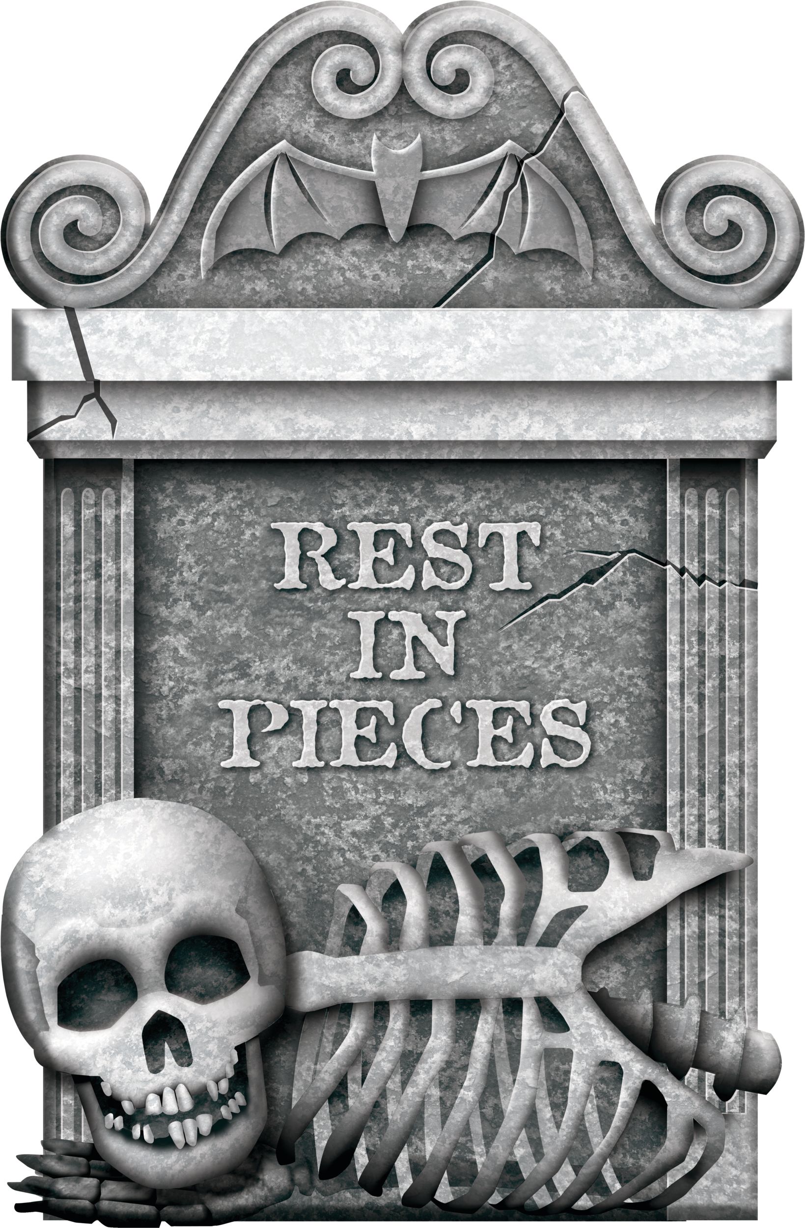"Rest in Pieces" Skull Skeleton Graveyard Tombstone with Stakes, Grey, 22-in, Outdoor Decoration for Halloween Front_Flat