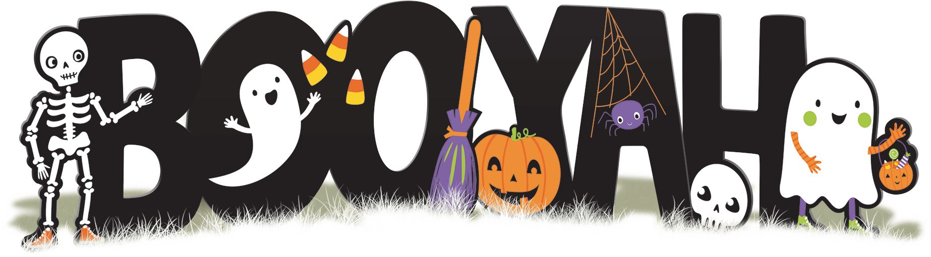 "Boo Yah" Ghost/Skeleton/Jack-O'-Lantern Yard Stakes, Multi-Coloured, 22 3/4 in, Outdoor Decoration for Halloween Front_Flat